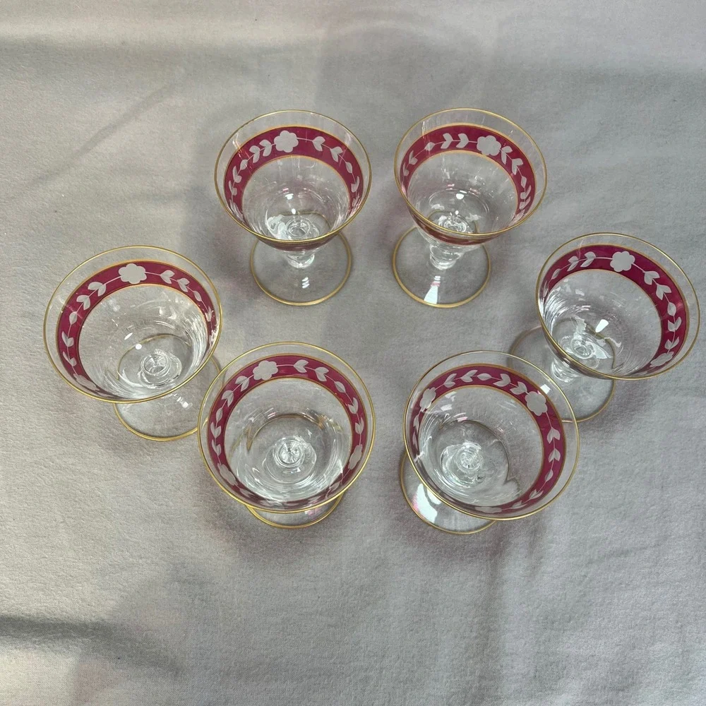 Vintage Cranberry Etched Glass Sherbet Coupes‎ Set of 6 Gold Rim Floral Bohemian
